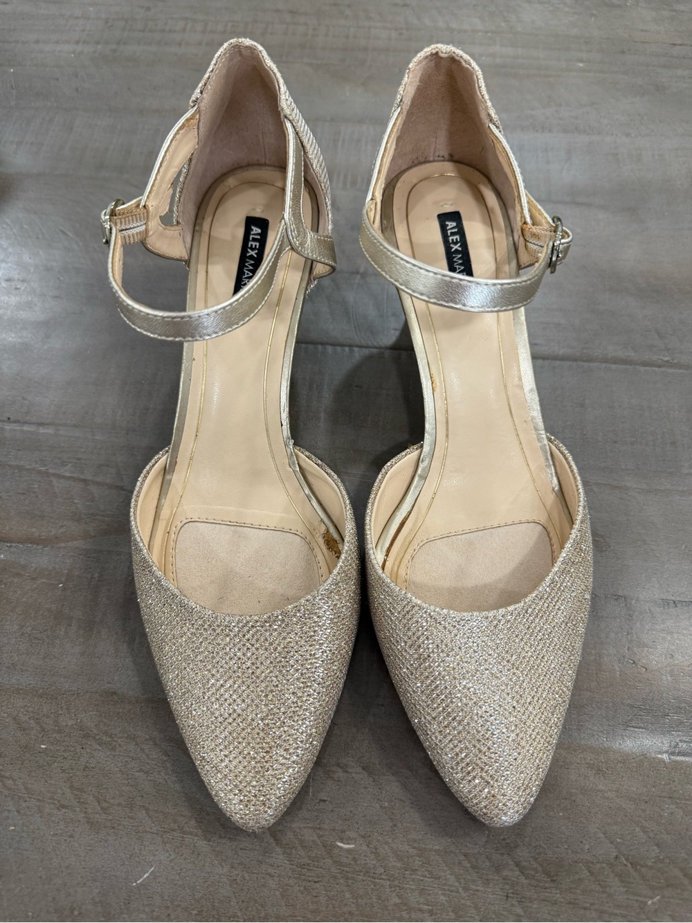 Alex Marie Gold Glitter Pointed Toe Ankle Strap Heels Size 8M